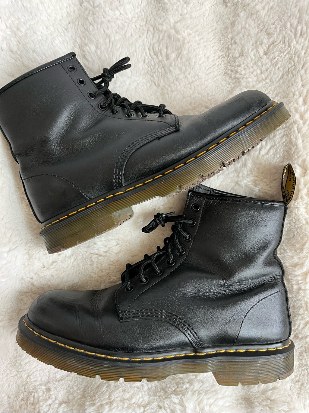 Dr. Martens Black Leather Lace-Up Boots With Yellow Welt Stitching Mens Size 12